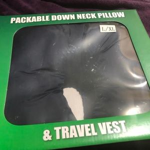 Navy Blue. Packable Down Neck Pillow. Travel Vest